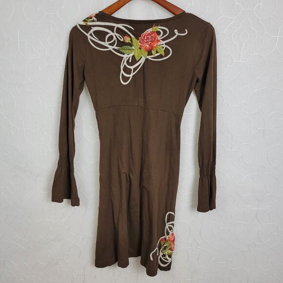 Johnny Was LA Dress Womens XS Brown Floral Embroidered Applique‎ Babydoll V-Neck - Picture 2 of 6